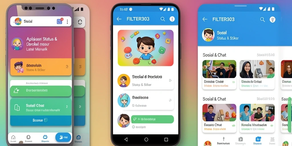 Screenshot utama FILTER303 menampilkan berbagai stiker menarik untuk chat.