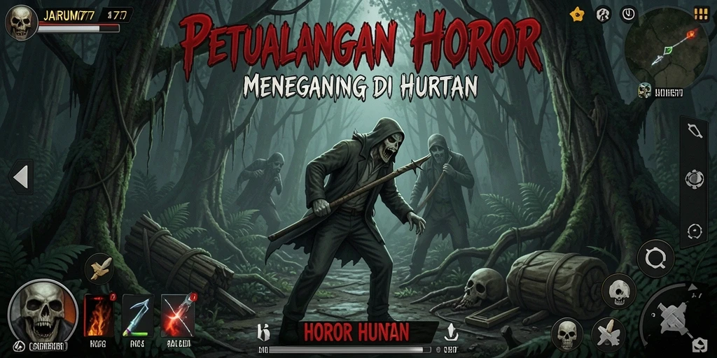 Tampilan utama JARUM77 yang menegangkan di hutan horor.