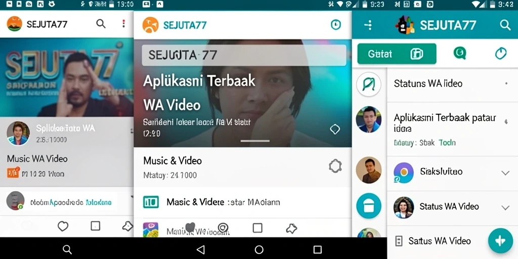 Antarmuka aplikasi SEJUTA77 dengan berbagai pilihan video untuk Status WA.